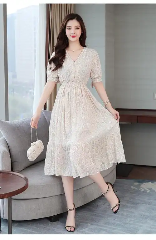 新款韩版短袖小清新碎花系带雪纺连衣裙女百褶裙中长款拼接荷叶边