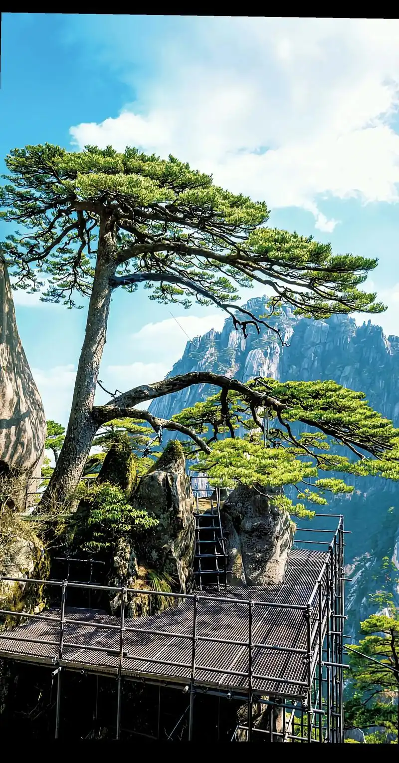 黄山迎客松.这是一颗价值80亿的树,这棵树配有24小时警卫, - 抖音