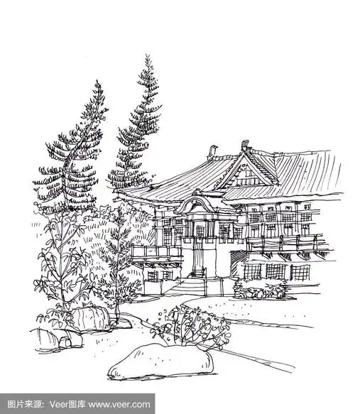 日式建筑笔画插画
