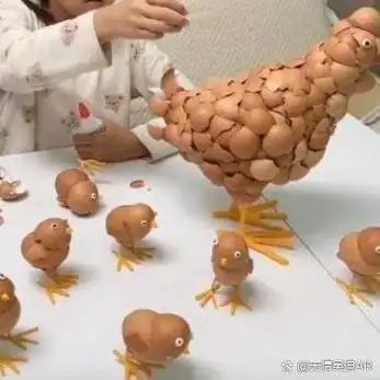 用鸡蛋壳拼出的小鸡和母鸡,真是太有爱了!