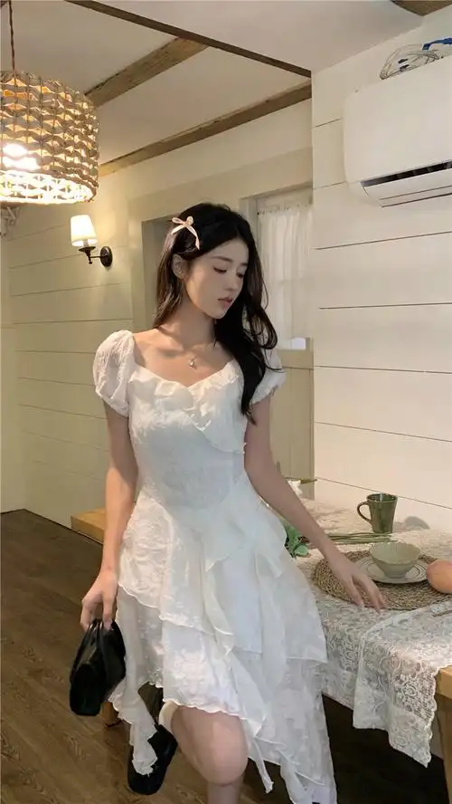 不规则荷叶边开叉仙女长裙女夏季小个子显瘦初恋感桔梗茶歇连衣裙