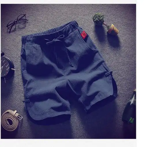 短裤男士亚麻五分裤夏季宽松大码沙滩裤外穿休闲大裤衩5分运动裤 蓝色