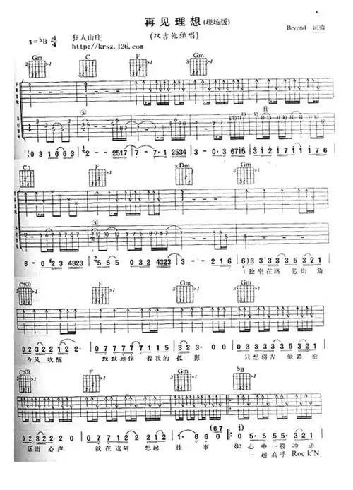 beyond再见理想吉他谱吉他弹唱谱双吉他