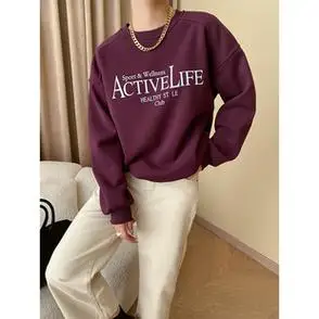 女休闲主义随性落肩袖24春季撞色字母圆领加绒宽松卫衣潮新款美式