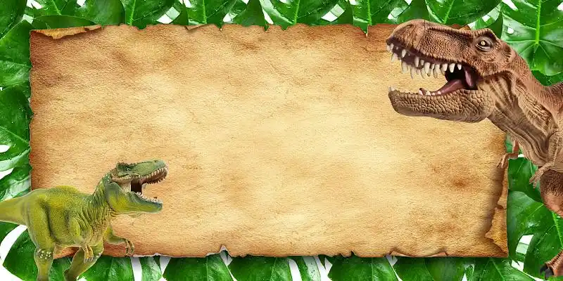 复古羊皮卷边框侏罗纪恐龙绿色龟背叶背景展板