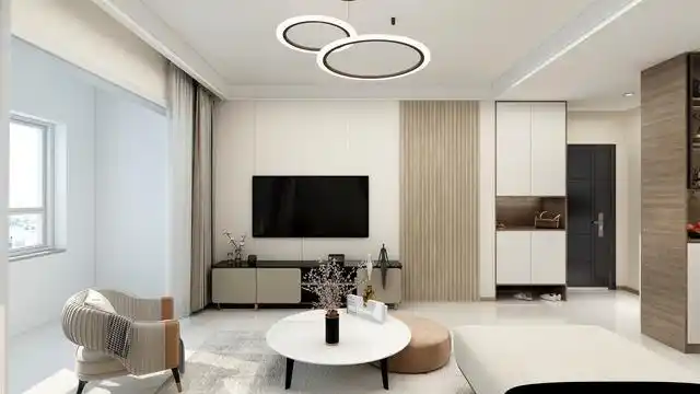 客厅整体是一个温馨的色调,蓝海工长设计师王伟设计采用了双层石膏板