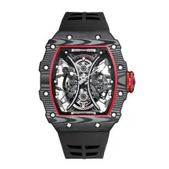 格雅(geya)全自动机械手表国潮酒桶镂空男士手表 黑色