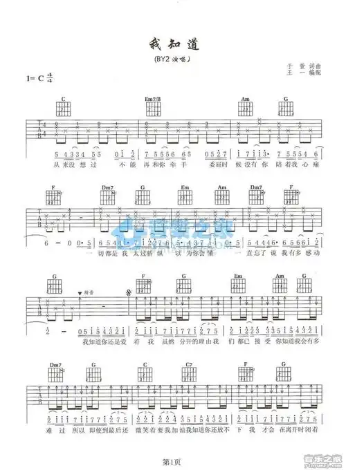 我知道 c调吉他谱(图片谱,简单版,伴奏,弹唱)