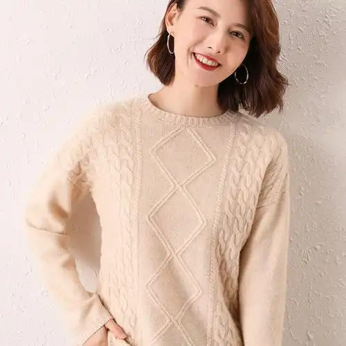 秋冬新款纯羊羊绒衫圆领套头毛衣宽松菱形麻花毛针织衫