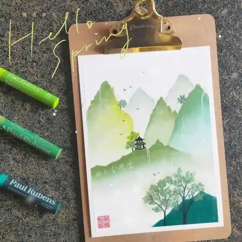 油画棒作品国风春日的青绿山水78步骤色号