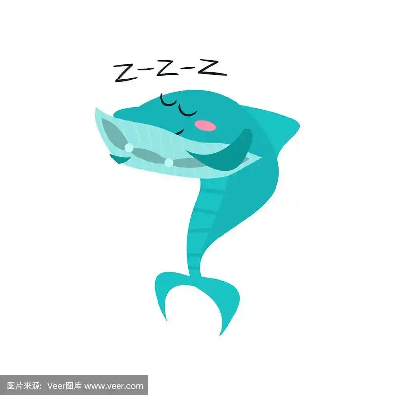 可爱的鲨鱼卡通人物睡觉,有趣的蓝鱼矢量插图