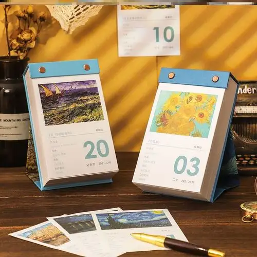 学生备忘油画梵高日历单向2021年摆件记事桌面台历手可撕创意励志