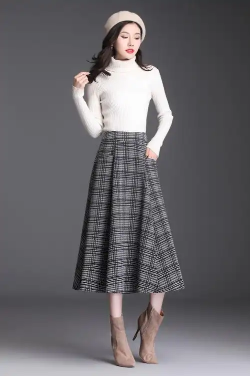 格子半身裙a字裙女2019秋冬毛呢中长款高腰冬季格纹大摆配毛衣裙