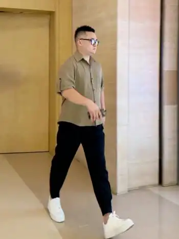 普戈斯 微胖男生夏季微胖男生显瘦穿搭短袖衬衫男宽松大码胖子搭配