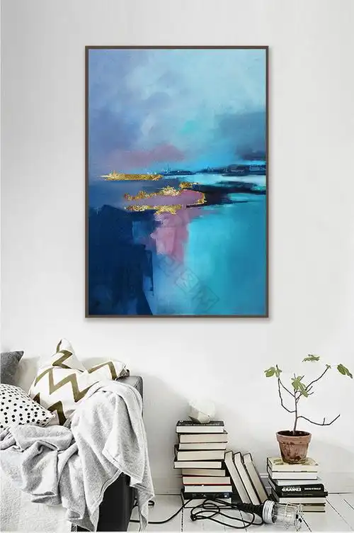 北欧蓝色抽象意境油画图案装饰画素材