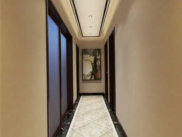 中心位置为拼花波打线和400*400地砖斜铺,黑色石材踢脚线,影视墙592