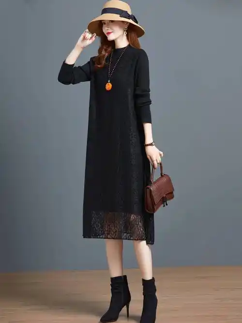 洋气连衣裙连衣针织秋冬季蕾丝内搭女士大衣新款连衣裙