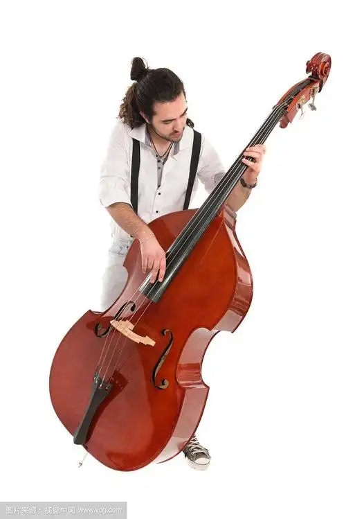 英俊的爵士音乐家演奏低音提琴孤立的白色