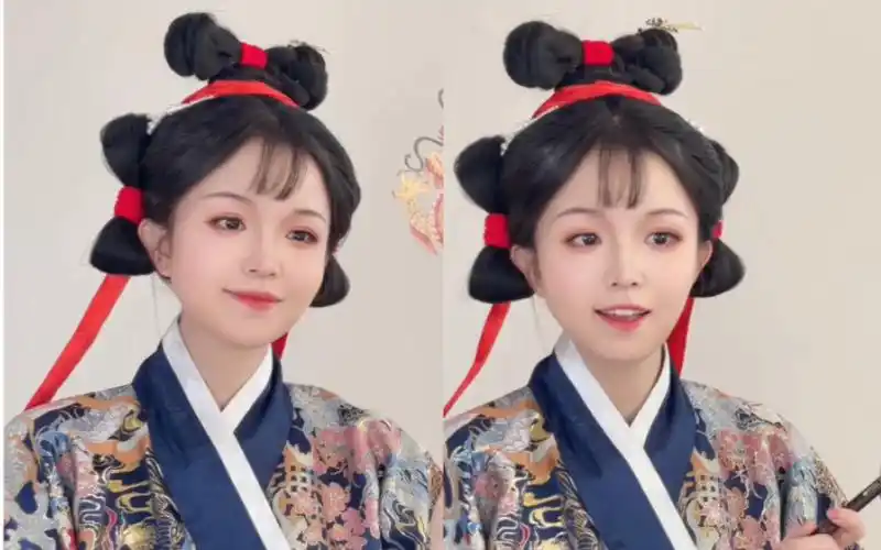 汉服发型教程|大明少女!可可爱爱的明代复原三小髻