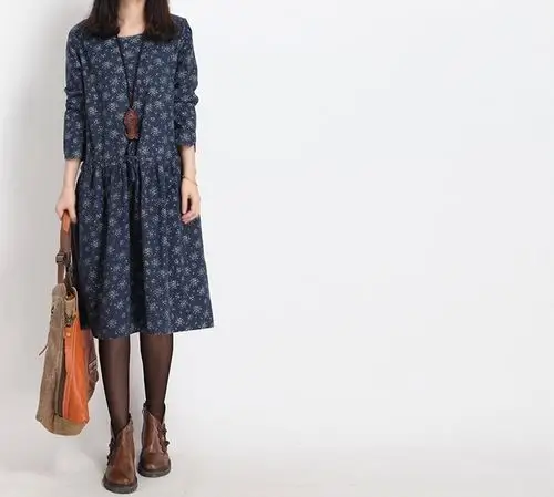 2015春装连衣裙新款布衣文艺大码显瘦抽绳碎花长袖连衣裙 女