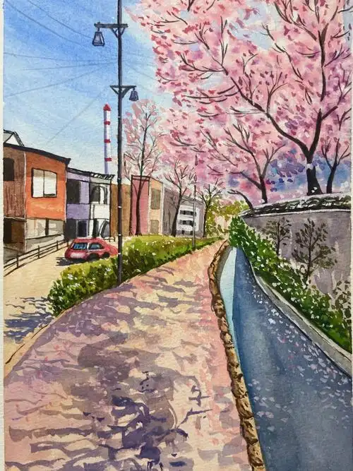 水彩   水彩~街道和樱花树94
