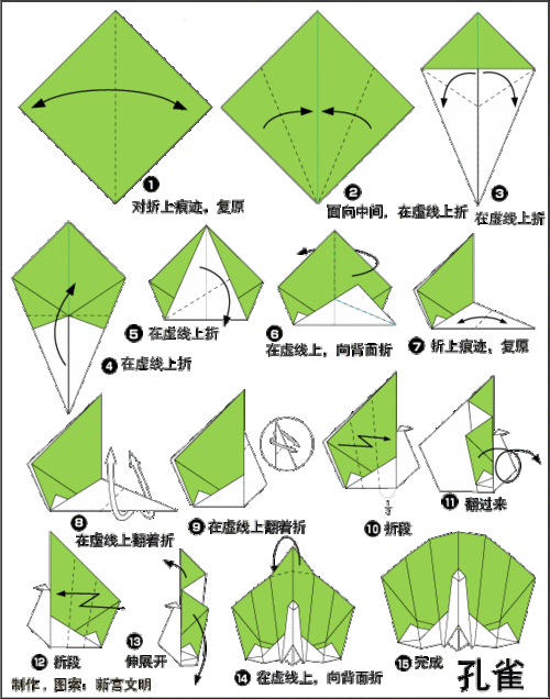 简单折纸之孔雀的折纸方法立体折纸孔雀开屏的折法步骤图孔雀开屏折纸
