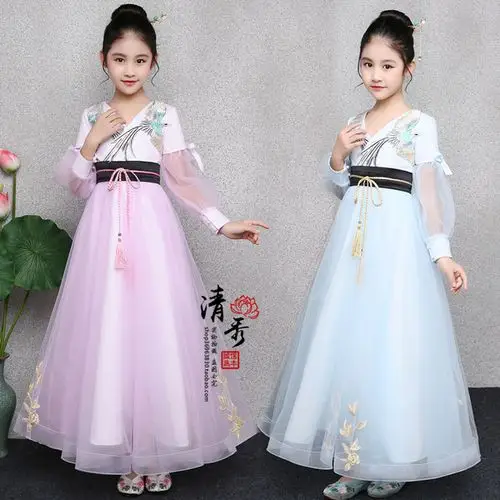 儿童礼服中式公主裙女童中国风汉服儿童古装主持人演出纱裙古筝春
