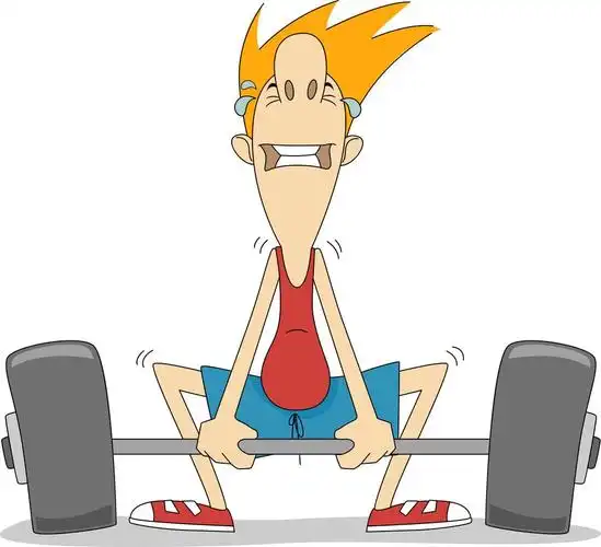 男子举杠铃,试图举起沉重的杠铃被劳损瘦男人的插图