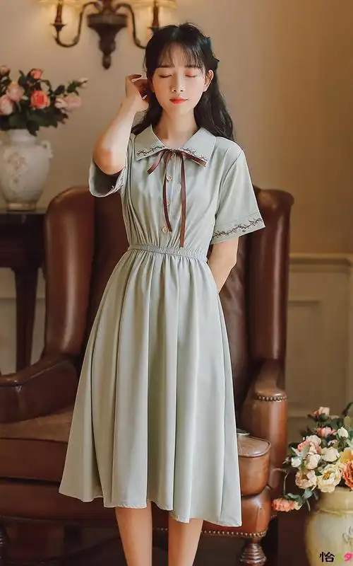 夏天高中生初中生女生裙子夏季韩版短袖衣服长款仙女裙少女中学生热天