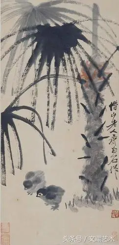齐白石 《棕榈雏鸡图》69×33cm