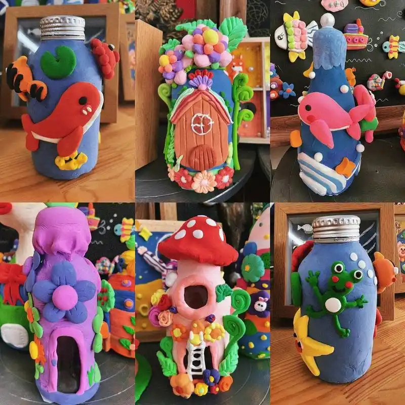 小学生粘土小瓶子手工 八到九岁学生作品 材料工具:超轻粘土(市面上的