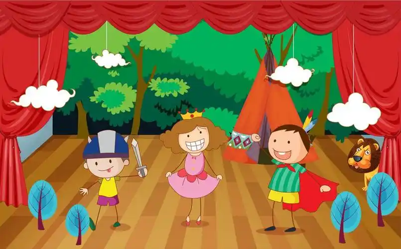 孩子们在舞台上,孩子们在一个阶段和美丽的背景上的插图