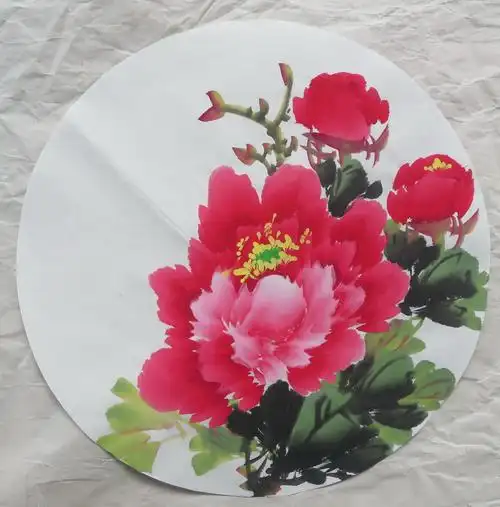 特价手绘圆形花鸟国画牡丹无款宣纸客厅装饰国画