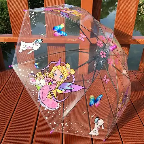新品蝴蝶公主透明儿童男女孩小学生幼儿园卡通可爱长柄伞创意