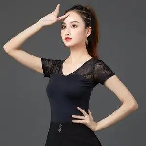 蕾丝舞蹈服短袖跳舞衣广场舞女成人拉丁舞上衣黑色摩登交谊舞服装