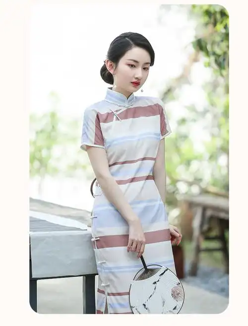 芳茉语王佳芝条纹改良旗袍传统长款全开襟女旗袍裙女日常裙