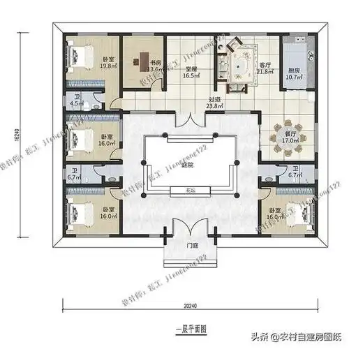 农村中式一层三合院自建房设计图,带庭院,妙搭中式庭院,颐养天年,设计