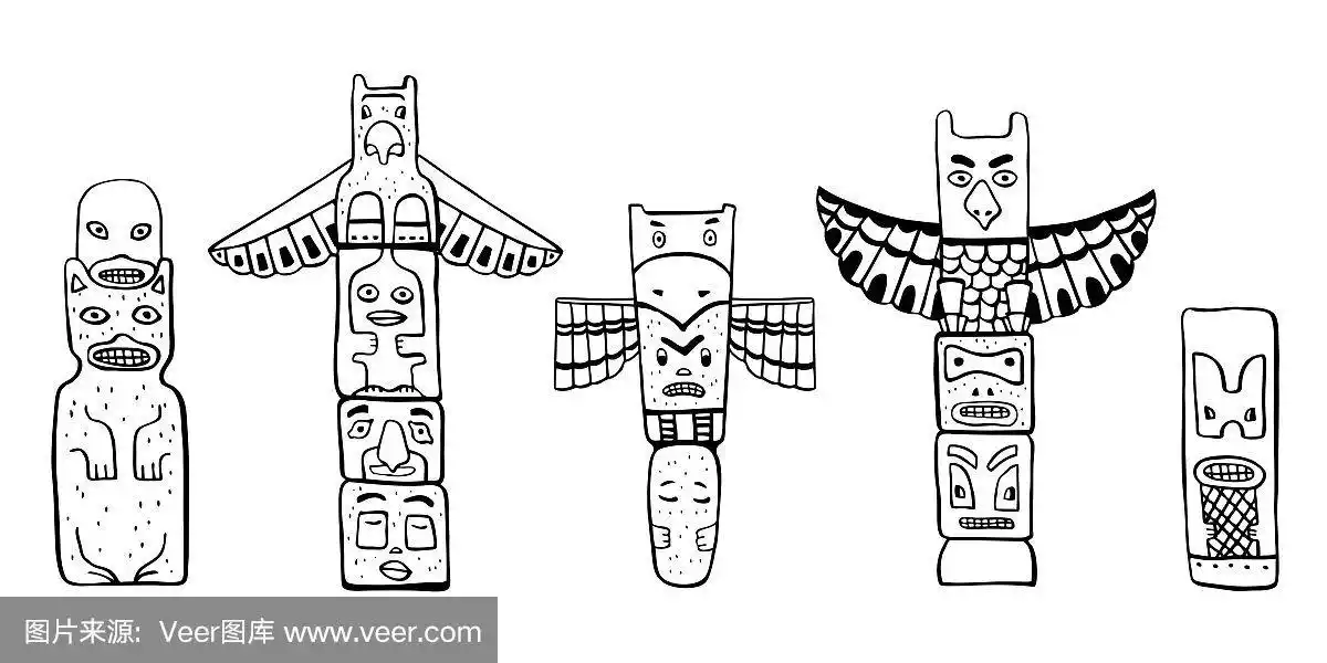 美国土著传统的图腾柱.矢量轮廓手绘涂鸦素描插图集.一组四个木雕人物