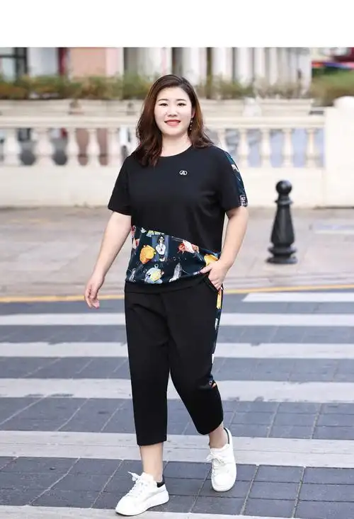 胖妈妈短袖体桖40岁胖女人夏季衣服胖mm运动休闲套装特大码女装短袖
