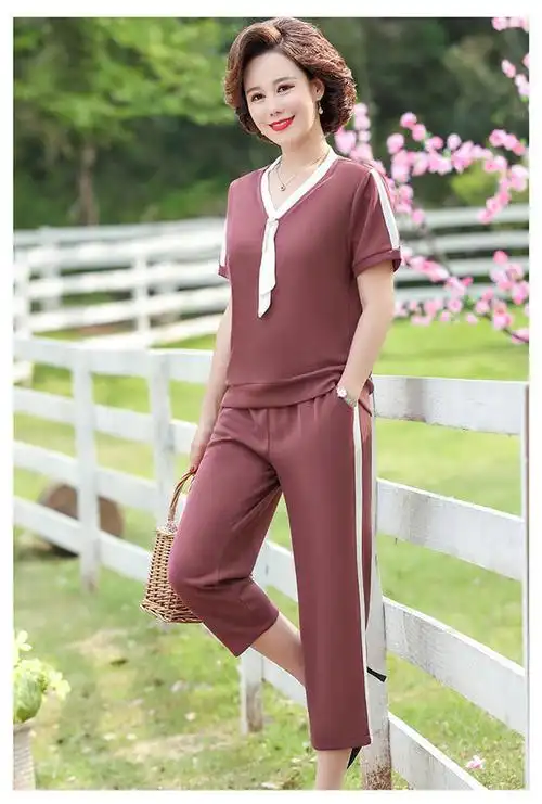 中老年女装中年妈妈夏装时尚套装40到50岁中老年女夏季短袖洋气阔太太