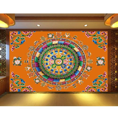 藏式吉祥八宝墙布花纹天花吊顶壁画藏族文化背景壁布支持定制