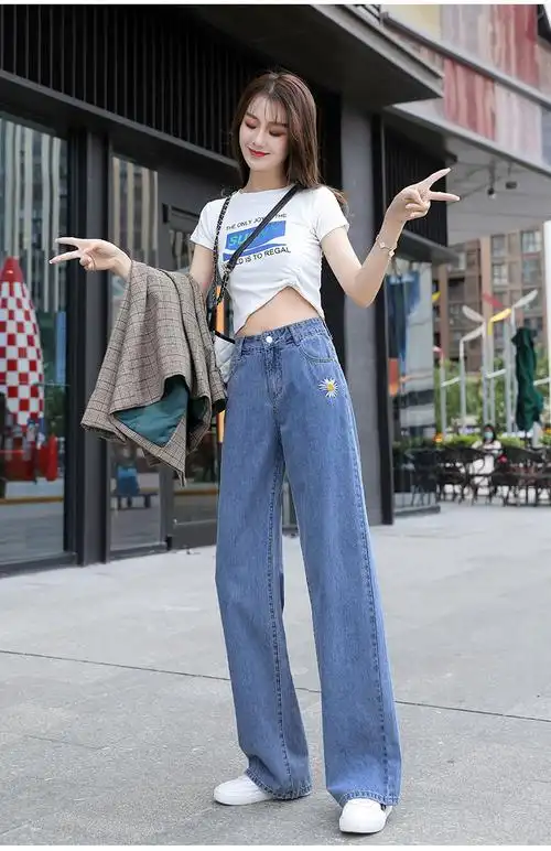 女士高腰直筒牛仔裤2020薄款女装韩版修身chic女式阔腿长裤子批发