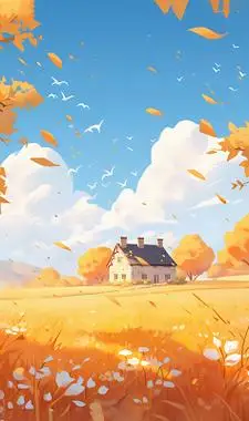 秋天插画田野风景蓝天白云枫树林小房子宣传背景