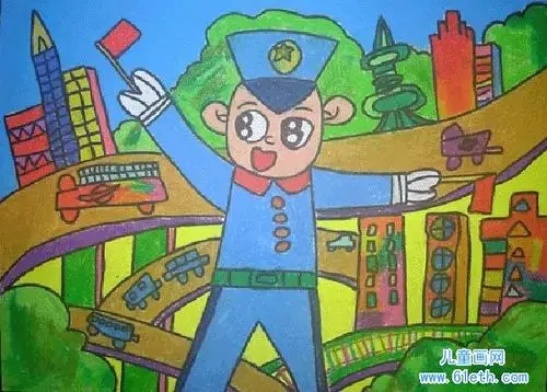 警察指挥交通儿童绘画作品