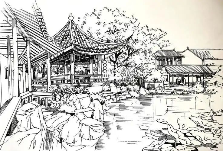 问:如何用动漫色系去画园林景观#手绘  #马克笔  #拙政园  #园林景观