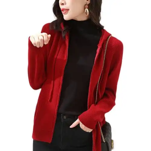 开衫外套女早秋连帽羊毛针织衫外穿春秋拉链卫衣羊绒毛衣秋季上衣