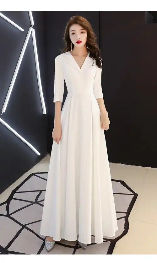 白色晚礼服时尚气质女王宴会高贵优雅长款高端简单连衣裙