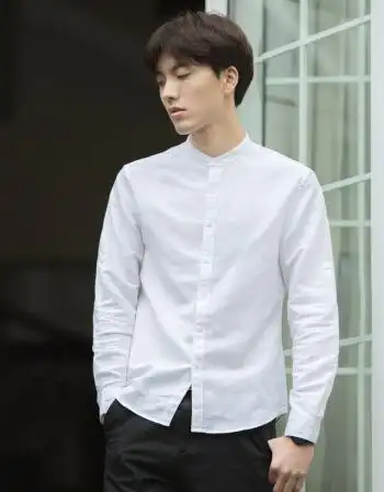 立领衬衫男长袖韩版修身亚麻白衬衫小清新棉麻寸衫圆领休闲衬衣夏