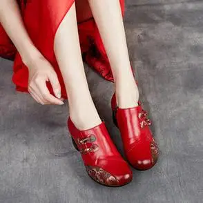 春秋头层牛皮印花中跟时尚民族风24新款女鞋高档女士休闲牛皮单鞋