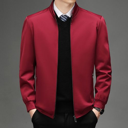 名牌高端中年春季新款男士本命年红色夹克酒红色立领爸爸休闲外套